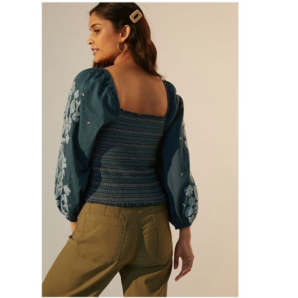 Anthropologie Boho Teal Embroidered Smocked Blouse with Puff Sleeves size Medium - Picture 9 of 10